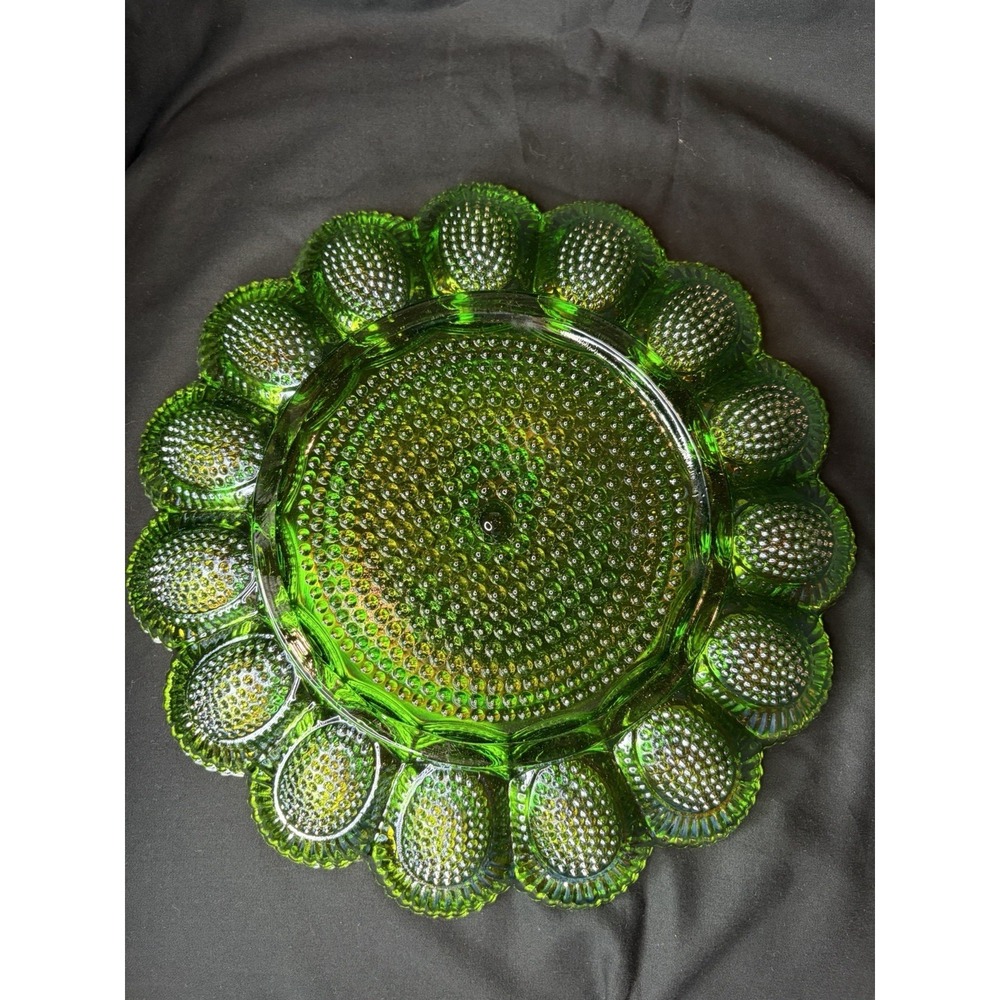 Vintage Indiana Glass Deviled Egg Plate Carnival Hobnail Lime Green 11" 1960s - Picture 12 of 16